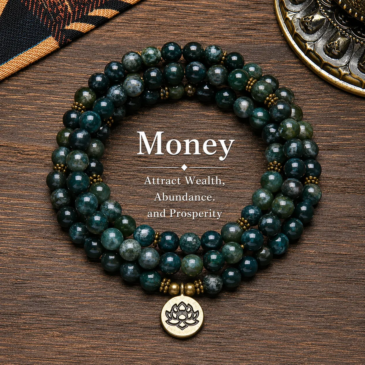 8mm Green Moss Agate Gemstone Healing Crystal Stone 108 Mala Beads Money Attraction Bracelets Long Beaded Wrap Necklace Genuine Gemstone Mala Prayer Beads Lotus Buddha Charm Yoga Meditation Necklace Ideal Gift Jewelry ,  Lotus Pendant, Ramadan.Long Chain