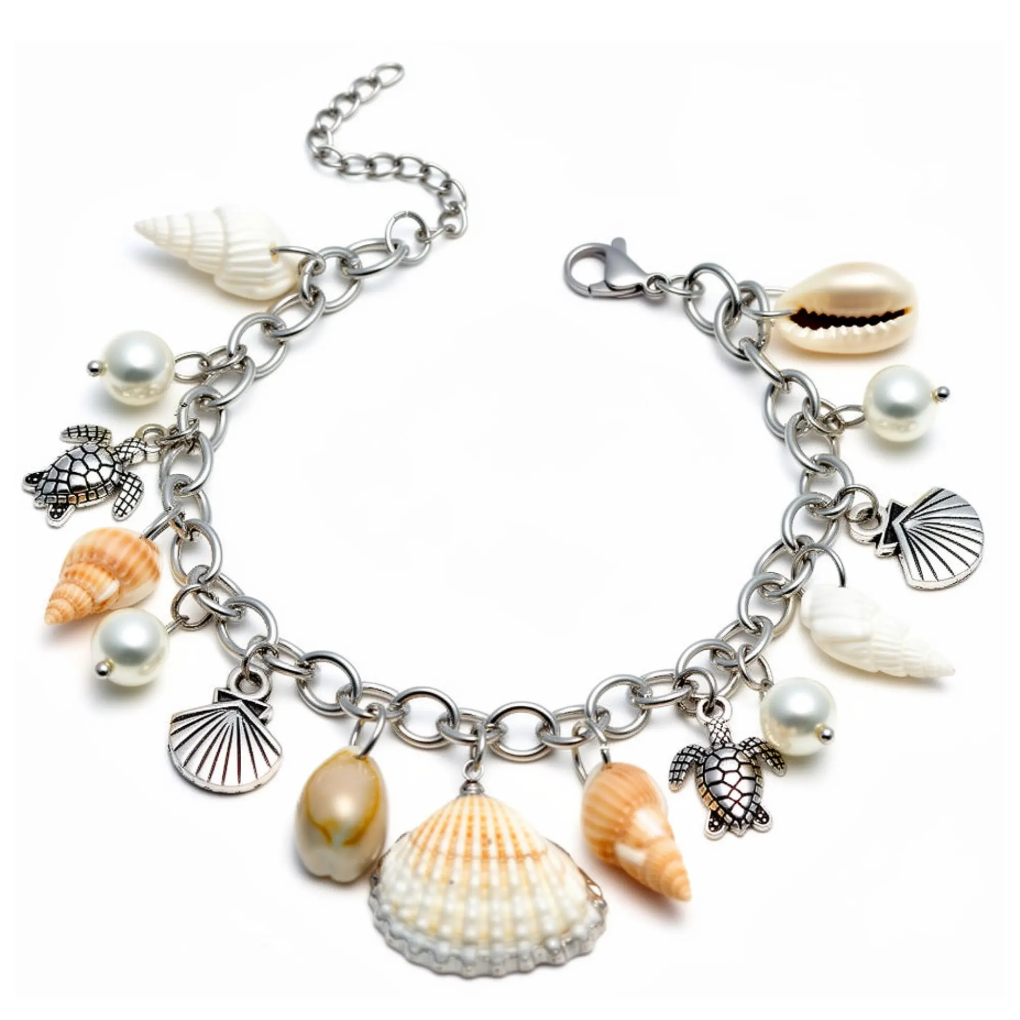 Turtles and Seashells Charm Bracelet for Women by Ginger Lyne | Ocean Theme Stainless Steel Simulated Pearls and Shells Adjustable 7-9 " Length | Vacation Beach Jewelry for Her