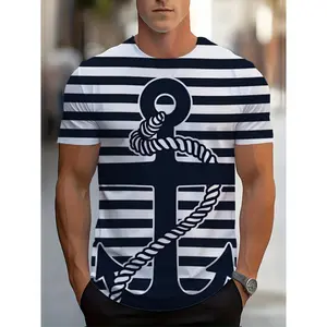 Men's Stylish Short-Sleeve Round Neck Polyester T-Shirt - Bold Navy-White Striped 3D Nautical Anchor & Rope Print, Casual Maritime Theme Summer Menswear Top