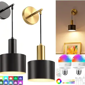 2pc Battery Powered Wall Lamp with Wireless Charging, Adjustable Bulb and Remote Control, Modern Mood Lighting, Ideal for Bedroom Living Room Hallway, Adjustable Lights
