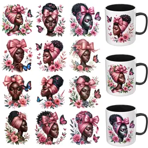 12PCS UV DTF Cup Wrap Stickers, Black Girl African Rub on Transfers for Scrapbooking and Crafts, Permanent DIY Transfer Decals for 16oz Libbey Glass Cans, Mugs, Candles, Notebooks and Flower Pots, Easy to Apply Art Stickers, Artistic Patterns Decoration