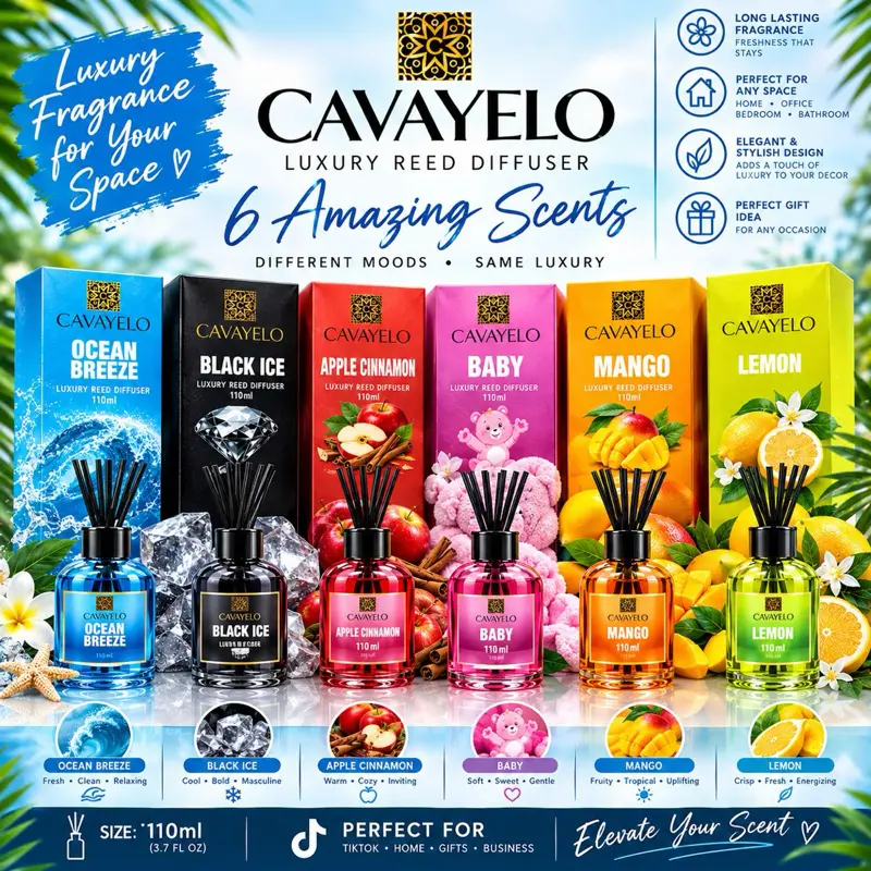 Cavayelo Luxury Reed Diffuser 6 Amazing Scents Ocean Breeze Black Ice Apple Cinnamon Baby Mango Lemon 3.7Oz Each Bottle