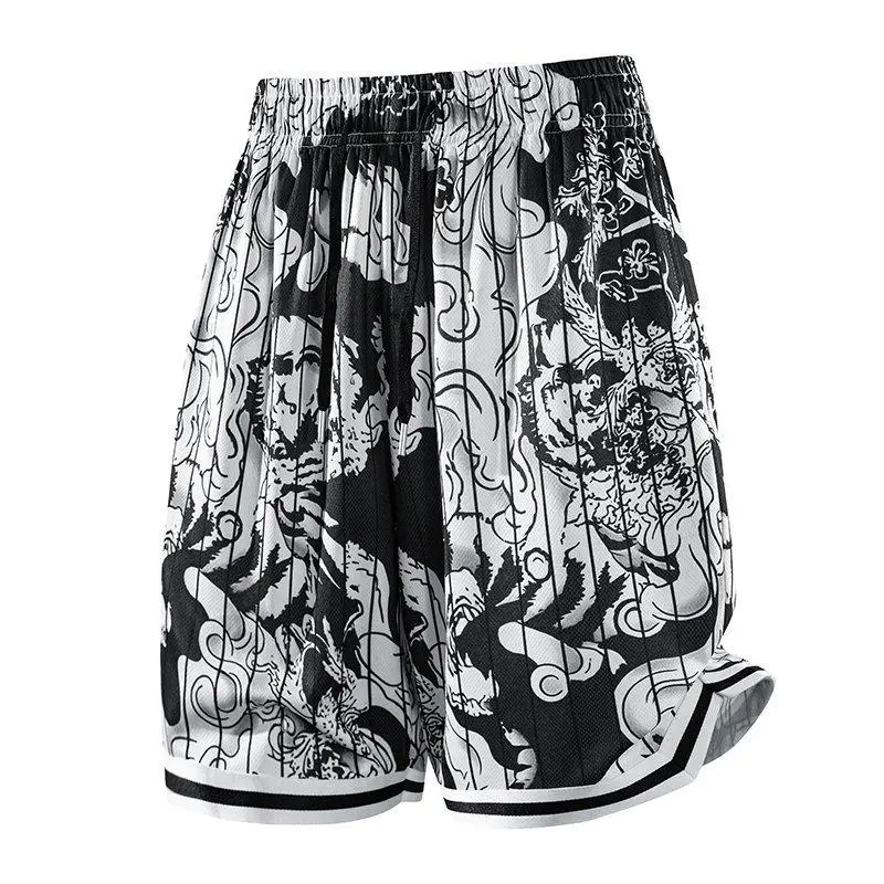 One men’s casual shorts featuring a printed design with contrasting piping—urban relaxed style. Drawstring elastic waistband paired with an all over woodblock print and contrasting piping at the hem. Lightweight mesh fabric drapes comfortably and offers a