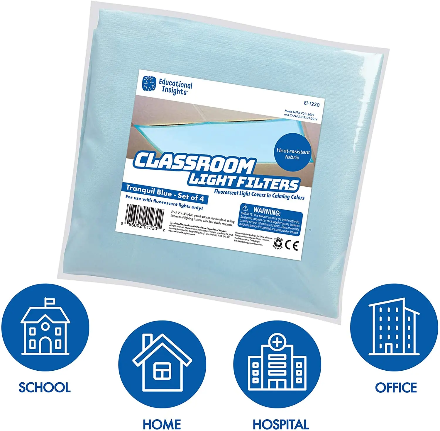 Educational Insights The Original Fluorescent Light Filters: Tranquil Blue 4-Pack, Fluorescent Light Covers, Easy Install for Classrooms, Office, Hospitals & Home, Teacher Classroom Essentials