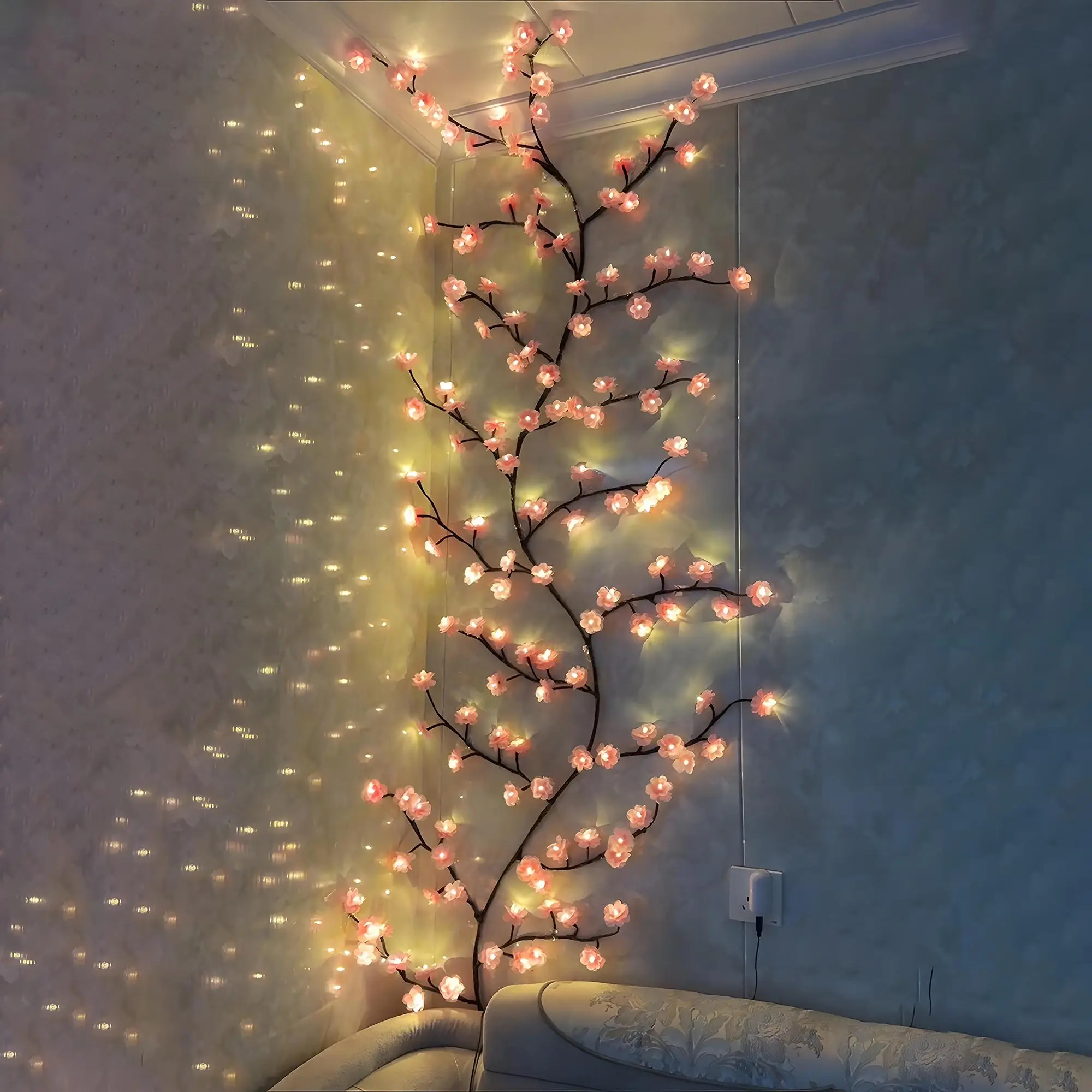144 LED Beads Nature-Style Branch-Shaped Bendable Wicker Wall Lighting - Warm White Lights for Christmas, Thanksgiving Indoor/Outdoor Home Decor Hanging Corner Light