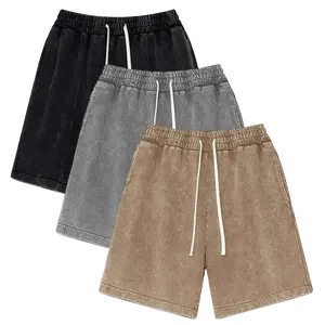 260G Heavyweight Cotton Shorts 3-Pack – Vintage Acid Wash Athletic Shorts with Elastic Waist & Pockets (Tropical Beige)