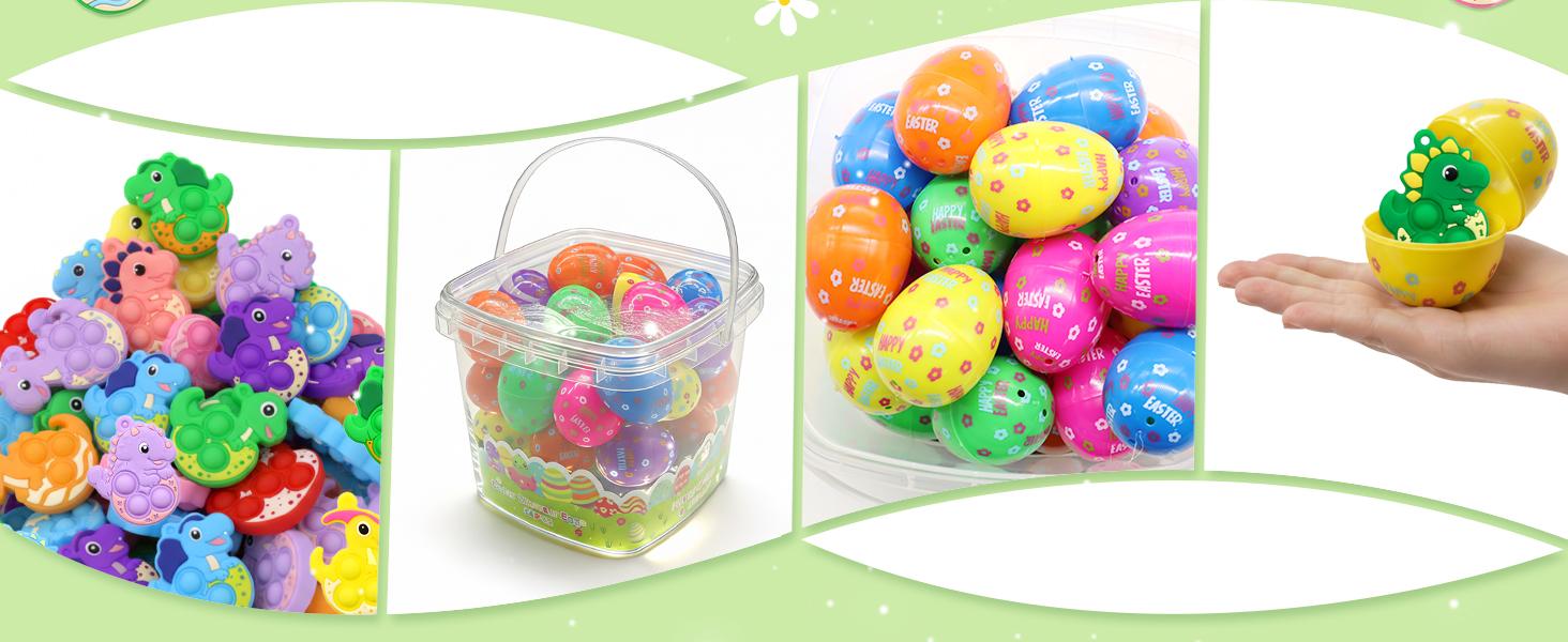36 Pack Prefilled Easter Eggs with Dinosaur Pop Fidget Toys, Easter Egg Hunt Basket Stuffers for Kids, Easter Classroom Party Favors Prizes
