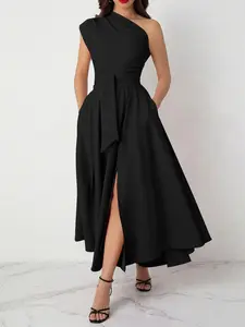 Women Simple Solid Color Asymmetric Neck Casual Dress Black Summer Elegant