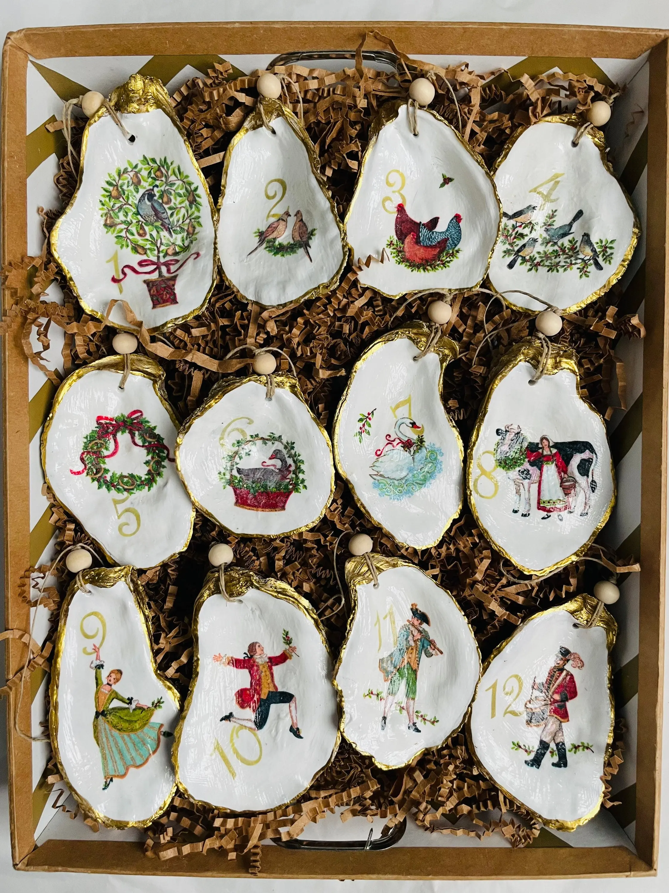 12 Days of Christmas Decoupage Oyster Shell Ornaments Gift Set