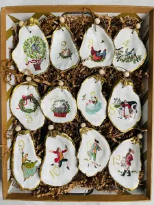 12 Days of Christmas Decoupage Oyster Shell Ornaments Gift Set
