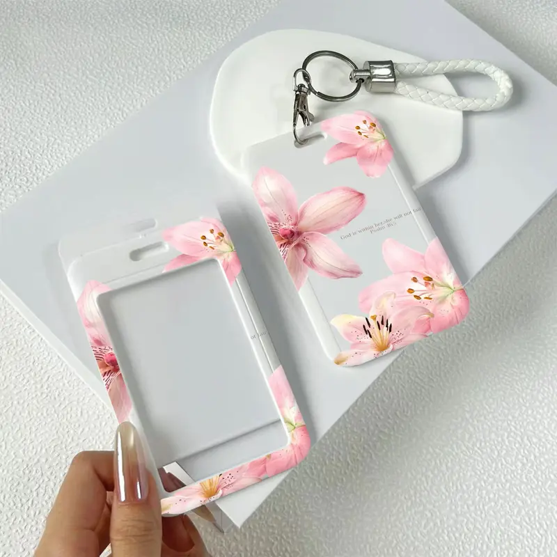 Pink Lilies And Verse Pattern Durable Plastic ID Badge Holder with Lanyard Slide Design for Cards Transparent Window Compatible with Credit, Metro, Bus Cards-Nurse, Doctor, Student Accessory