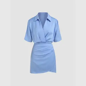 Cider [2 colors, size 4-26] Solid Collar Ruched Midi Shirt Dress
