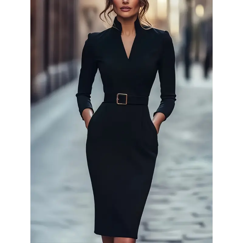 OK LADY DIQIUVY Women's Elegant Office Commuter Dress - 3/4 Sleeve Stand Collar Belted Bodycon Pencil OK LADY DIQIUVY Women's Elegant Office Commuter Dress - 3/4 Sleeve Stand Collar Belted Bodycon Pencil