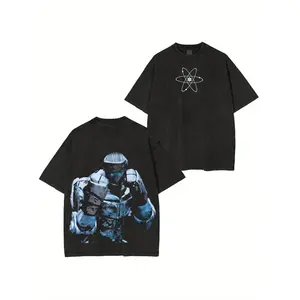 Men Crew Neck Washed Cotton T Shirt Robot Graphic Print 100 Percent Cotton Lightweight Breathable Machine Washable All Season Casual Top Trendy Anime Game Fan Streetwear Apparel