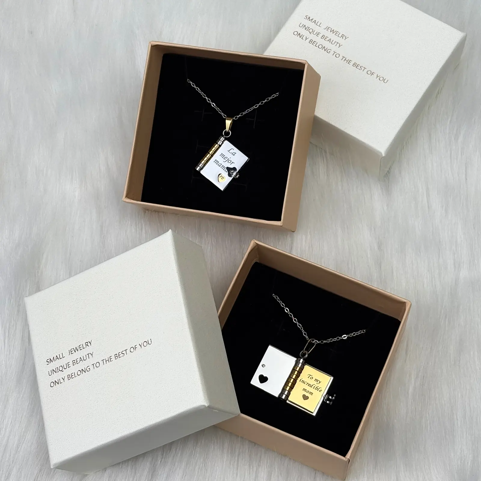 Book Necklace for Mom/Mama (English/ Spanish), Perfect Mother's Day / Birthday Gift , Meaningful Jewelry of Love, Heart-warming Gift for Mom, Exquisitely Crafted from Rust-proof 316 Titanium Steel, SummerVibes