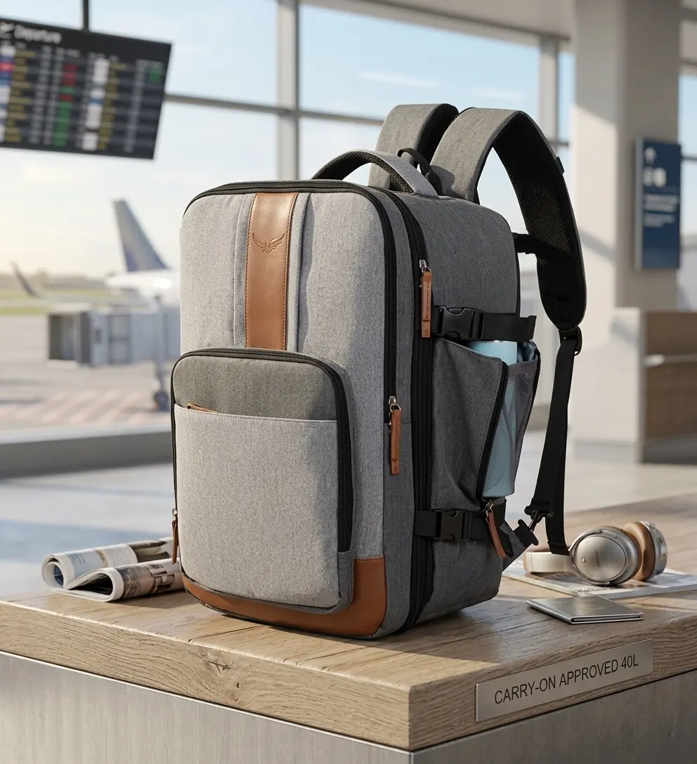 【HUOMAQFAN】Modern 40L Expandable Travel Backpack, Flight-Approved Carry-On Luggage, Personal Item for Airplanes, Large Weekender Travel Bag for Men & Women
