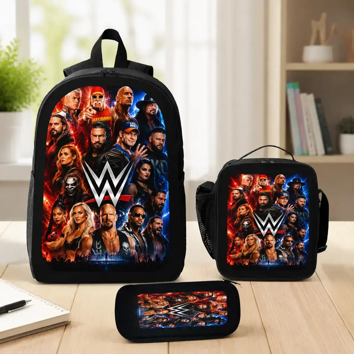 WWE "The Undertaker" themed 3-piece backpack set—inspired by the wrestling legend—featuring a spacious backpack, a lunch bag, and a pencil case; designed with ergonomic shoulder straps, it is lightweight and ideal for students.