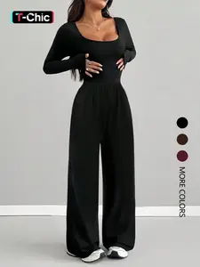 Women's Fashion Aesthetic Solid Color Wide Leg Jumpsuit, Overall Jumpsuits, All-Season Casual Womenswear Minimalist Everyday Wear, Comfortable and Stylish, Perfect for Daily