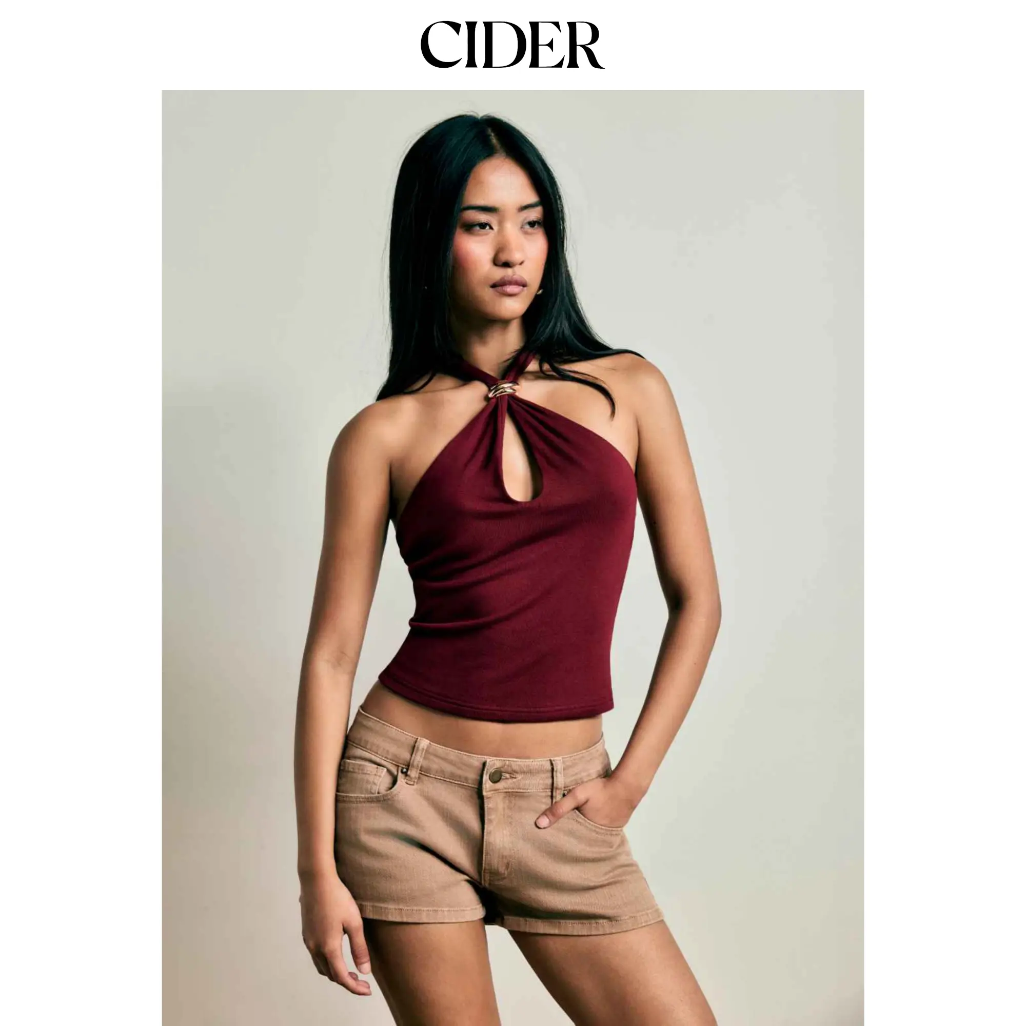 Cider Women's Minimalist Short Knit Halter Top - L-8, Scoop & Halter Neck, Cropped Slim Fit, Pull-On, Front Tie & Metal Ring Detail, Elastane-Rayon, Slight Stretch, Straight Sleeveless, Casual Basic