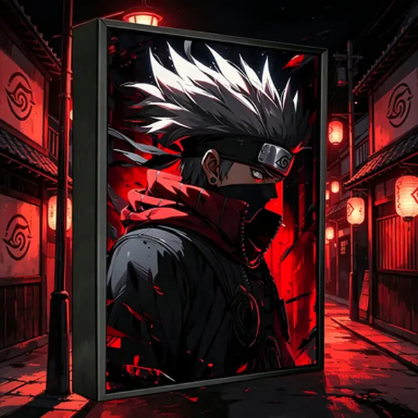 Kakashi Hatake Sharingan Eyes Naruto Shippuden Neon Dark Cyber Wood Canvas Poster Print - 16×24inch(40×60cm) Fade-Resistant Blade-Mounted Lightweight Anime Wall Art, Hanger-Included Bedroom Decor Gift