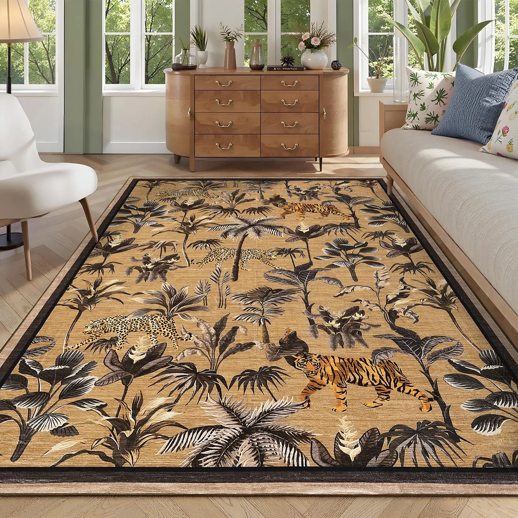 GARVEE Area Rug 9'x12' Washable Rug for Living Room Tiger Rugs Tropical Jungle Plant Rugs Non Slip Non Shedding Indoor Floor Cover Low Pile Stain Resistant Carpet for Bedroom Home Decor, Camel