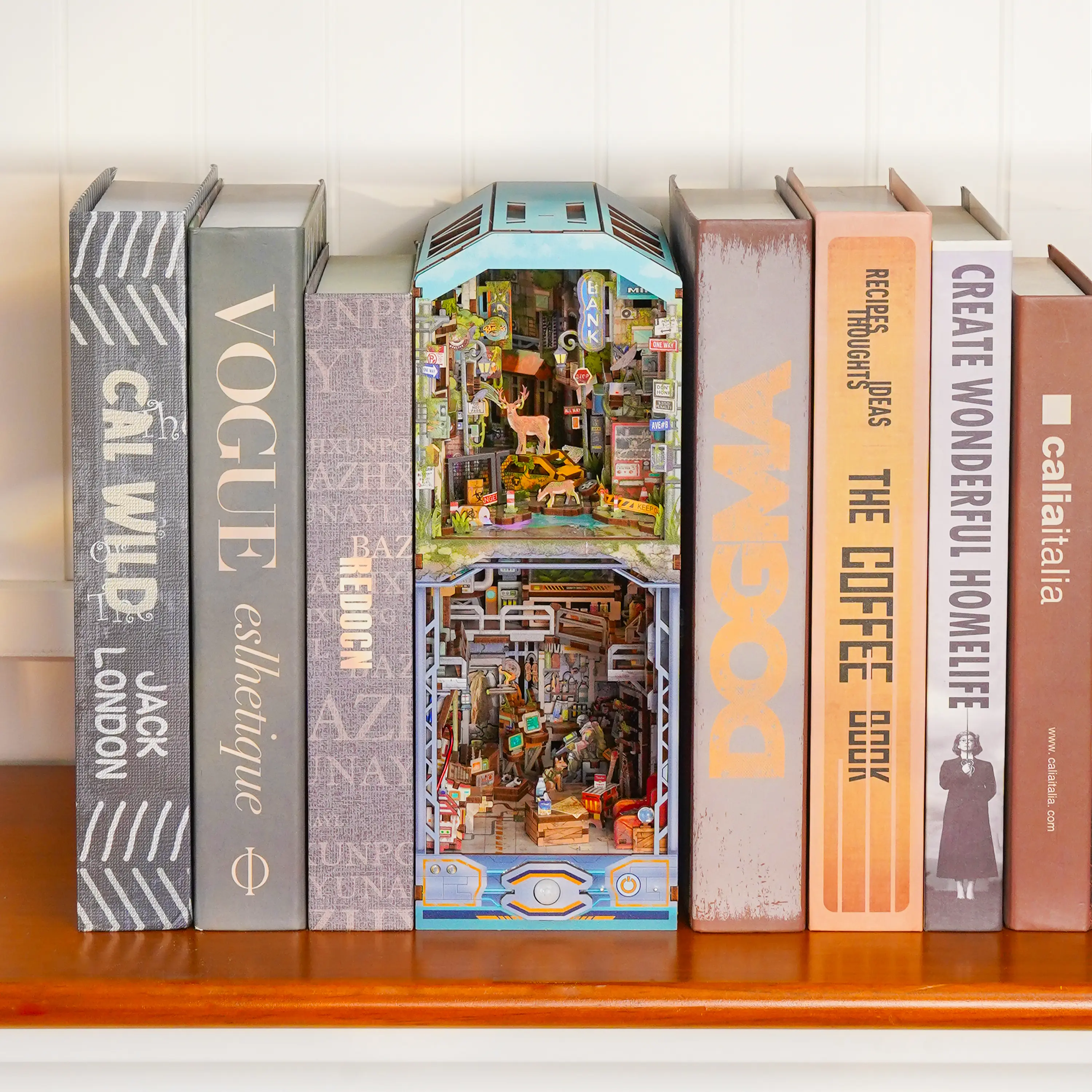 Tonecheer DIY Book Nook Kit for Adults, Wooden 3D Puzzle Bookend Diorama Bookshelf Insert Decor Fancy Books, Booknook Miniature House Kit with Dust Cover and Sensor LED (Haven Zero) Building Blocks Crafts