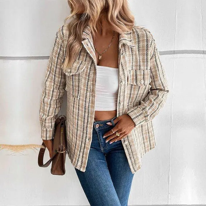 Design Vintage Plaid Shacket KHAKI Relaxed Fit Women's Jacket with Striped Pattern and Button Details