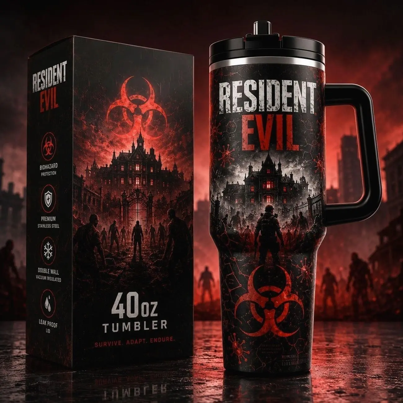Resident Evil 40oz Tumbler with Handle & Straw, Horror Zombie Biohazard Stainless Steel Travel Cup, Insulated Large Capacity Mug, Gift for Survival Horror Fans