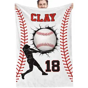 Personalized Baseball Blanket - Custom Name & Number, Baseball Player Silhouette, Crack Through Baseball Design, Soft Cozy Throw for Sports Fans, for Baseball Lovers/1