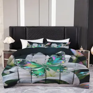 3pcs Printed quilt three-piece set (1 quiltr+2 pillowcases) - Emerald Crystal Butterfly Quilt, Iridescent Geometric Design, White Lily Floral Bedding, Luxury Aesthetic Bedroom Decor, Soft Microfiber, All Season