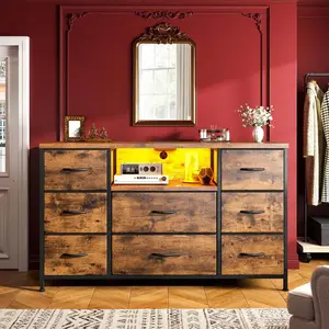 8-Drawer LED Media Dresser With Power Outlets & Adjustable Feet - Holds 55" TV,Rustic Brown