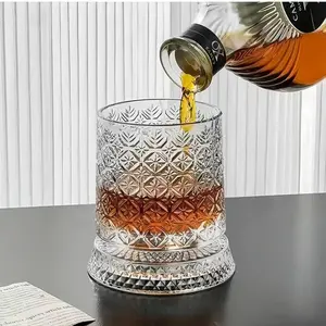 Luxury 360° Spinning Crystal Glass with LED Light Up Base, Star-Cut Stress Relief Whiskey & Wine Glass, Elegant European Barware Gift, Rotating Glowing Cup