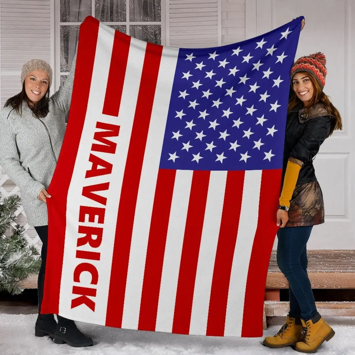 Personalized American Flag Flannel Blanket | Custom Name USA Flag Throw Blanket | Patriotic Family Gift | Military Veteran Bed Cover