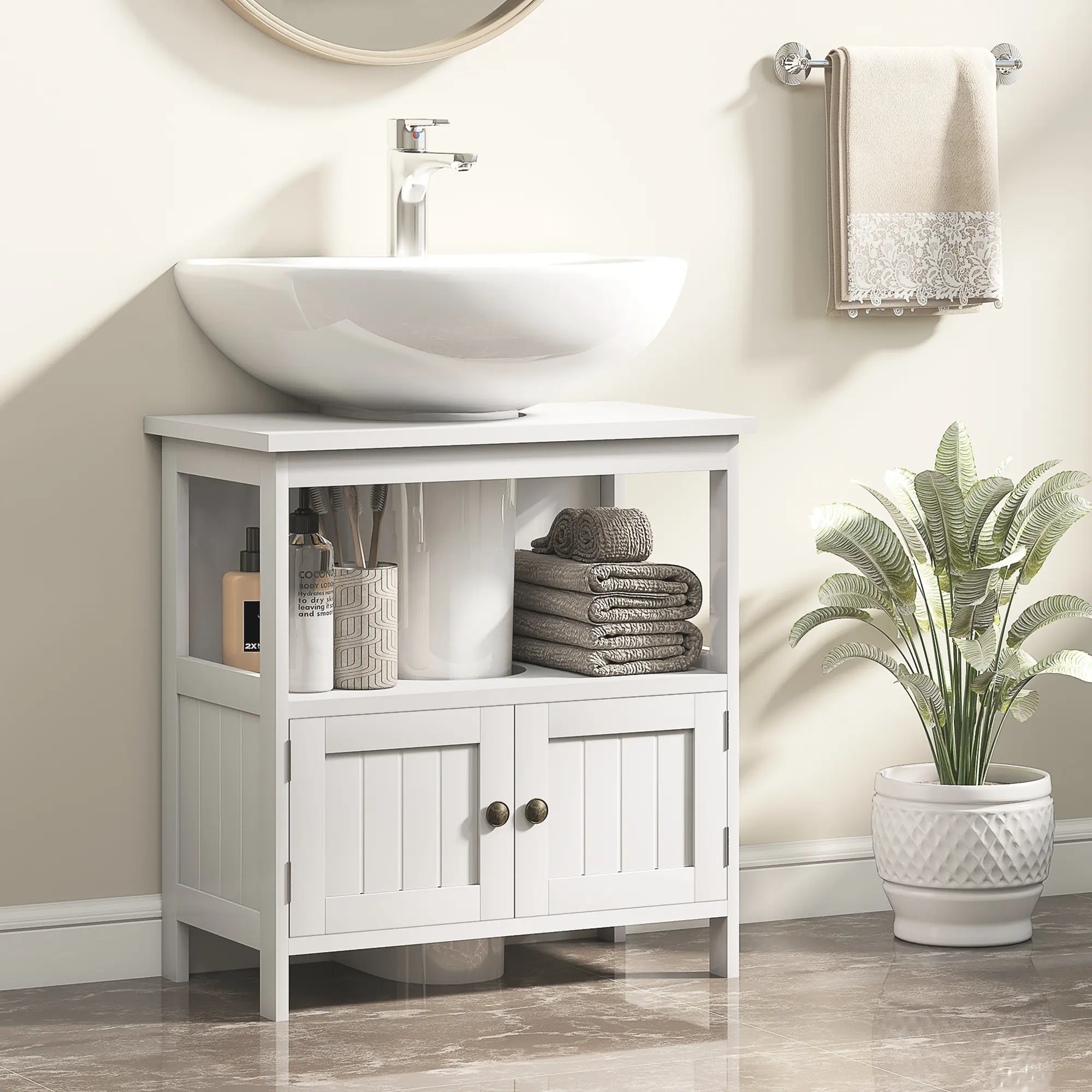 Under Sink Bathroom Cabinet – Fits Under Sink to Maximize Unused Space. Open Shelf + Enclosed Cabinet Storage. Unique Door Design. High-Density MDF, Moisture-Resistant. Compact 23.5" W x 11.75" D x 23.5" H. White