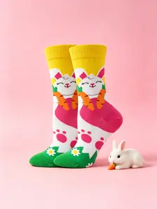 Rabbit Carrot Mid-Calf Socks, Colorblock Eye-Catching, Cute and Soft, Skin-Friendly, Perfect for Spring Outing Style