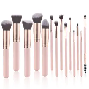 14 Piece Pink Makeup Brushes Set with Wooden Handles & Soft Synthetic Bristles for Face & Eye Makeup Professional Quality Tools for Women & Girls