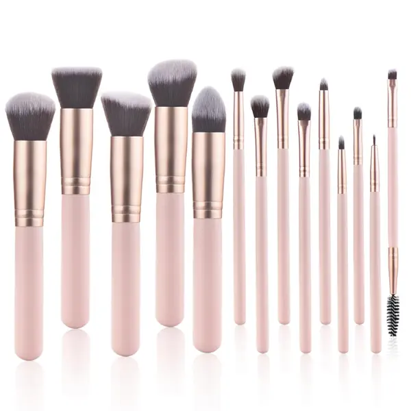 Makeup Brush Set, 14 Piece Professional Pink Essential Kit with Soft Synthetic Bristles & Wooden Handles for Face and Eye Makeup for Women, Essential Brush Kit