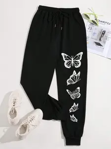 Women's Casual Sporty Cargo Pants, Butterfly Print Sweatpants, Drawstring Trendy Workwear, Loose Fit Jogger Pants for All Seasons