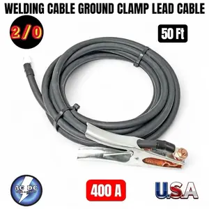 ACDC Welding Cable 50 Foot 2/0 Lead with 400 Amp Clamp & 1/2” Tinned Copper Lug SAE J1127 Standard USA Made