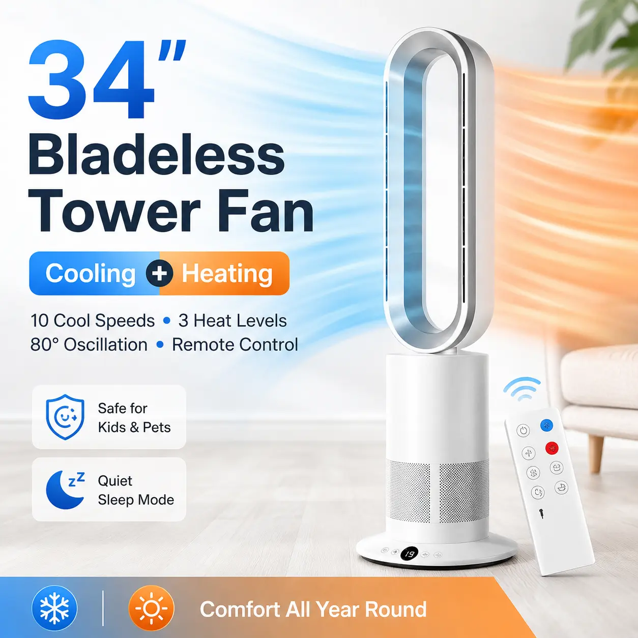 34 Inch Bladeless Tower Fan with Heater, 2-in-1 Cooling & Heating Fan Combo, Remote Control, LED Touch Screen, 80° Oscillating Fan, 10 Speeds, 3 Heat Levels, Quiet Sleep Mode for Bedroom Living Room Office