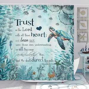 Beach Sea Turtle Bible Verse Shower Curtain, Cool Turtle on Blue Teal Coastal Nautical Theme Shower for Bathroom, Underwater Animal Fish Seashell Jellyfish