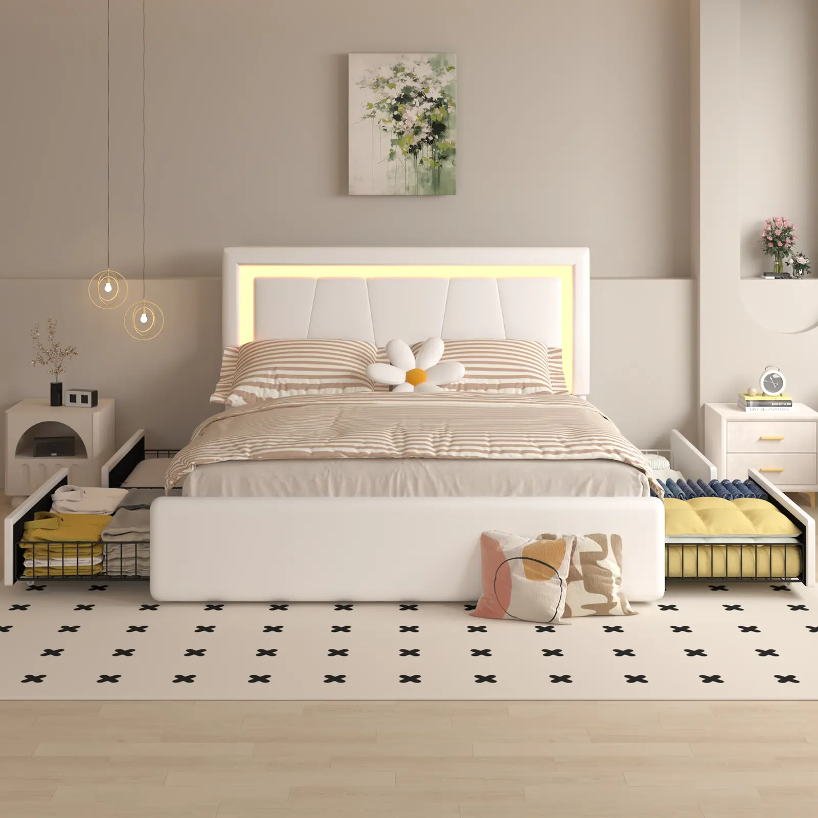 Bed Frame with 4 Storage Drawers and Adjustable Headboard, Upholstered Platform Bed with LED Lights and USB Ports, Solid Wooden Slats Support, Faux Leather, Easy Assembly, Beige