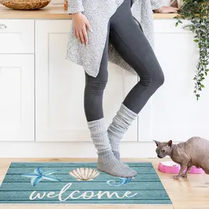 Beach Welcome Mat for Front Door, Beach Door Mat, Starfish Seashell Seahorse Beachy Door Mats Indoor Outdoor Entrance Porch, Ocean Beachy Baths Mats for Bathroom