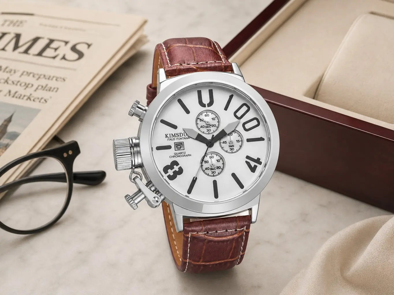Classic Round Quartz Chronograph Sport Wristwatch with Genuine Leather Strap for Men - Precision Analog Timepiece Featuring Sub-Dials, Calendar Date Display, and Water-Resistant Performance for Active and Daily Casual Wear
