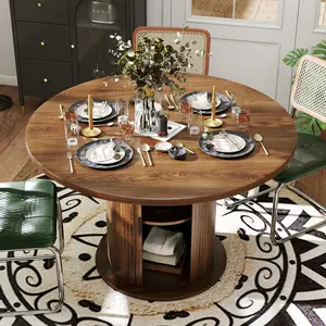 47" Round Dining Table for 4 with Storage Shelf & Fluted Door for Kitchen Living Room Mid-Century Brown Finish Farmhouse Charm