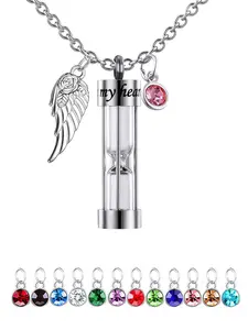 1 Pcs  Cremation Urn Necklace for Ashes Timeless Hourglass Memorial Pendant Keepsake Jewelry for Human Pet Ashes with 12 Birthstone Angel Wing, Dainty Necklace