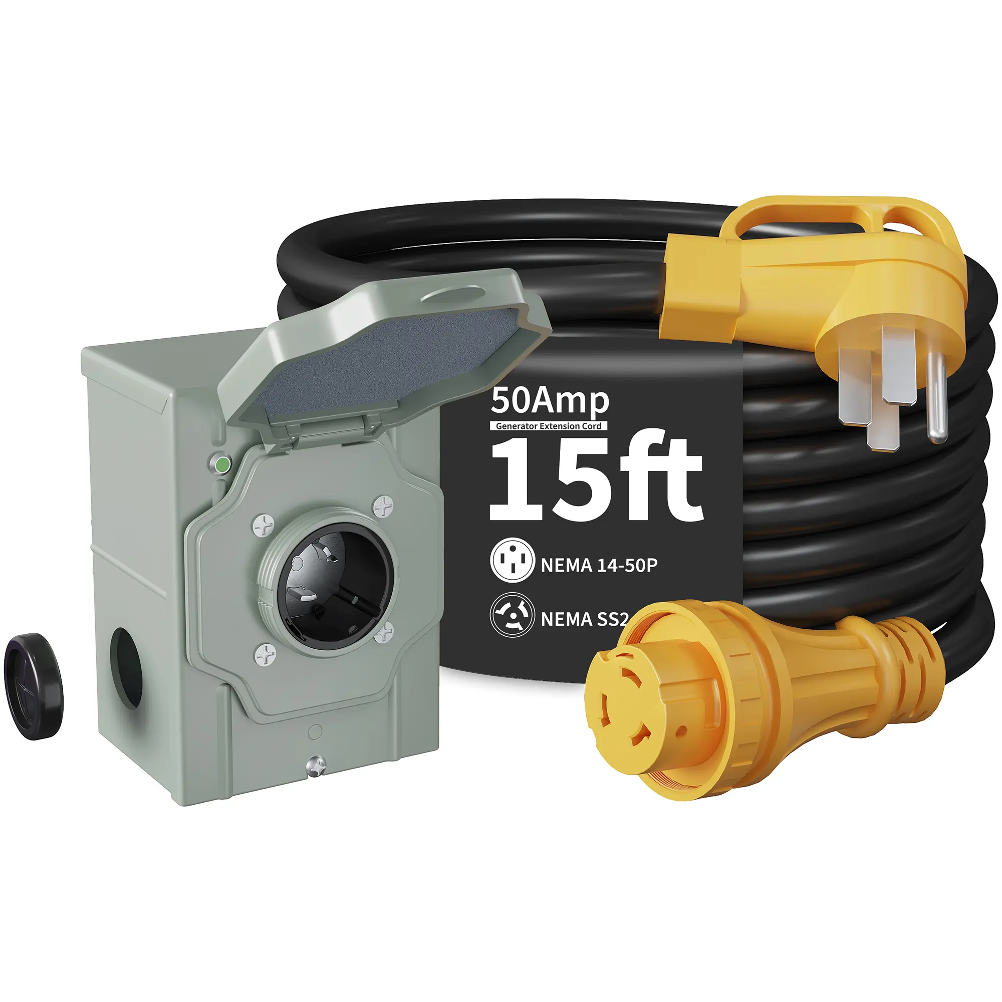 50 Amp 25 FT Generator Cord & Inlet Box Kit, NEMA 14-50P to SS2-50R Twist Lock Connector, 6/3+8/1 AWG STW Power Cable, 125/250V Pre-Drilled NEMA SS2-50P Inlet Box, ETL Certified