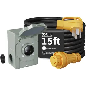 50 Amp 25 FT Generator Cord & Inlet Box Kit, NEMA 14-50P to SS2-50R Twist Lock Connector, 6/3+8/1 AWG STW Power Cable, 125/250V Pre-Drilled NEMA SS2-50P Inlet Box, ETL Certified