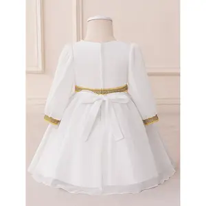 Middle Eastern Traditional Muslim Dress for Children, White Embroidered Long Gown with Golden Trim + Puff Long Sleeves, Religious Festival Gathering / Family Banquet / Cultural Celebration Dress, Vintage Ethnic Style Exquisite