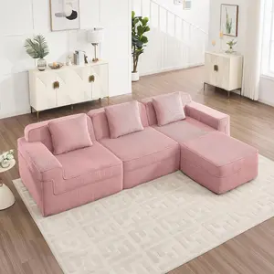 71.6 x 117.3 x 33.8 Inches Comfy Couch for Family Watch Party, 3-4 People 4-Seater L-Shaped Cloud Sectional Sofa Without Legs, No Assembly Needed, Includes Throw Pillows & 1 Movable Ottoman, Pink